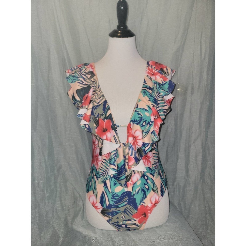 NWOT One Piece Swimsuit medium, ruffles tropical floral